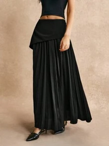 Poéselle Black Asymmetric Elegant Pleated Effortless Chic A-Line Skirt, Elegant And Charming, French Semi Skirt, Cottage Core, Black Elegant Pleated Effortless Chic Essential, FW24, Fall Women's Clothing
