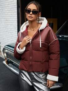 Chiquease Casaco de inverno vintage casual estilo americano, cor vinho, patchwork de poliuretano, sherpa, acolchoado, com isolamento de poliéster, sintético, jaqueta de inverno, espessada - Borgonha - Ver 5