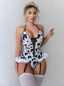 Fantasy Costume Fantasy Costume Bộ 2 món đồ Halloween gợi cảm họa tiết da bò, xếp nếp, có lông và dây đeo tất. - Đen và trắng - Xem 4