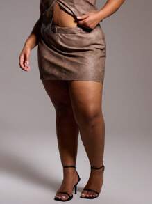 MUSERA Plus Size Faux Leather Buckle Mini Skirt For Going Out, Sexy, Club, Party, Date Night, Holiday, Rave, Concert, Festival Summer - Brown - View 2