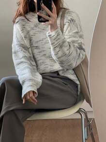 DAZY Suéter holgado de mujer casual de cuello redondo con caída de hombros, adecuado para otoño e invierno