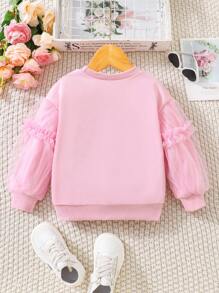 年轻女孩粉色罗纹领长袖网眼荷叶边袖蝴蝶结细节运动衫，可爱甜美舒适，适合秋冬季日常穿着 - 粉色 - 查看 2