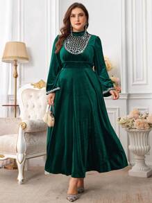 Al Najma Váy nhung thắt eo đính sequin cỡ lớn cho nữ, váy maxi chữ A thanh lịch, dành cho tiệc tối/khách dự tiệc cưới/kỷ niệm - màu xanh lá - Xem 4