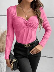 Chiquease Women's Casual Elegant Solid Color Twist Front Fitted T-Shirt, Autumn