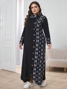 Al Najma Vestido de punto de cuello alto con textura y diseño de patchwork, talla grande para mujer, apropiado para otoño/invierno, vestido casual de tipo maxi para uso diario
