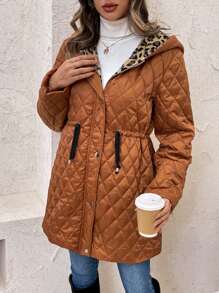 EMERY ROSE Women's Drawstring Waist Zip-Up Quilted Hooded Coat - Brown - View 6