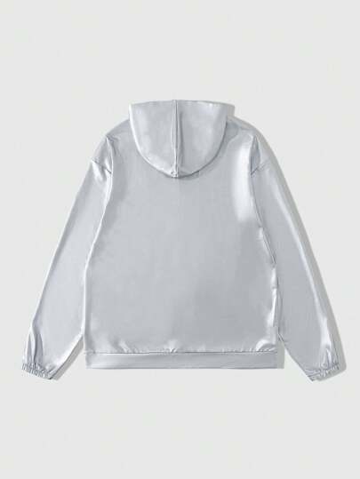 Street Life Veste à capuche zippée décontractée imprimée de chiffres pour hommes, style streetwear, en métal brillant, pour l'automne