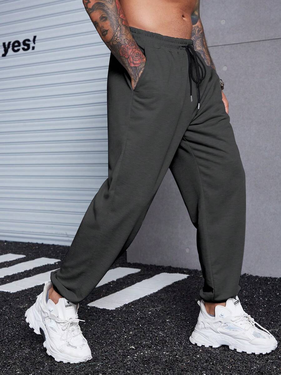 Manfinity Homme Quần nỉ thể thao cạp rút dây thường ngày cỡ lớn cho nam, mùa thu - Màu xám đen - Xem 1