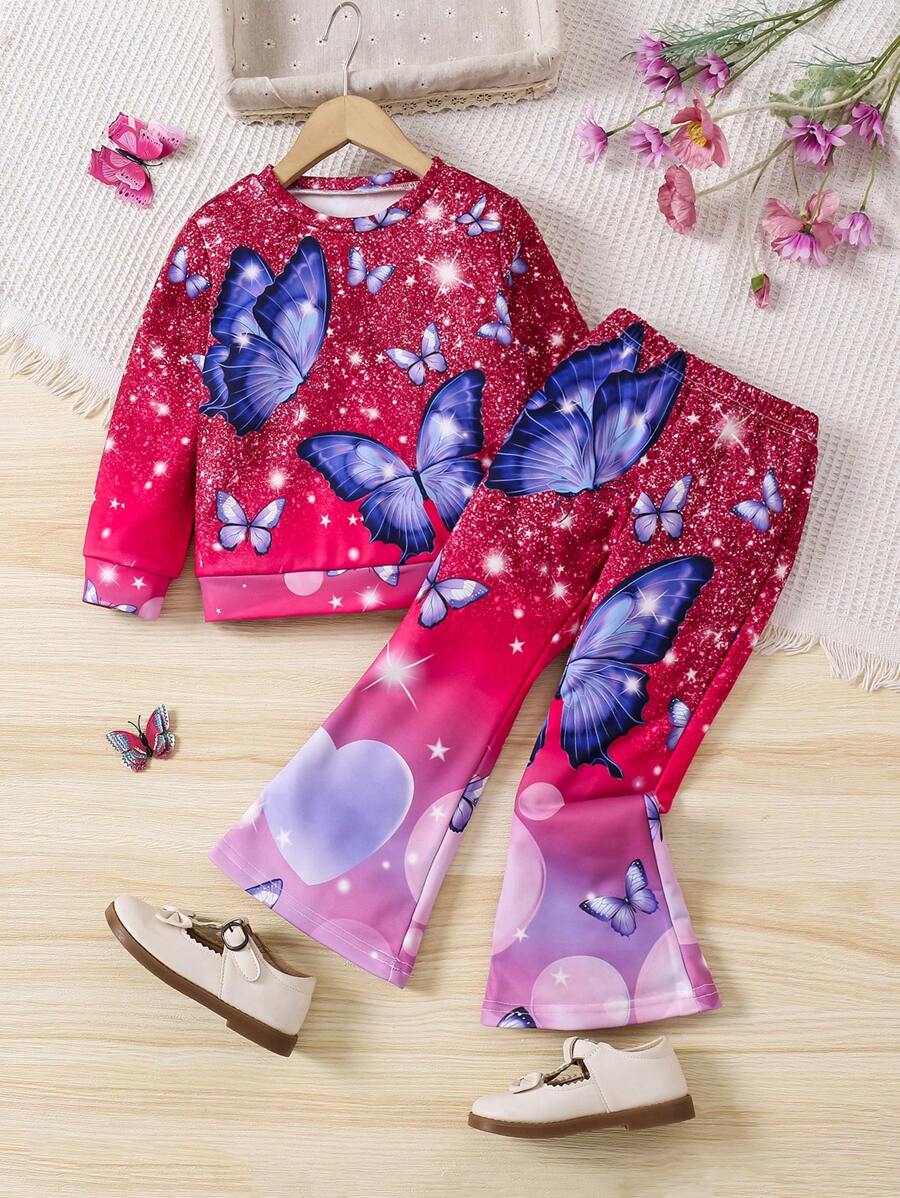 SHEIN 2 件/套女孩时尚休闲彩色蝴蝶印花套装，适合外出、旅行、度假、户外、学校、日常生活、秋季和春季，时尚可爱甜美女孩 - 紫色 - 查看 1