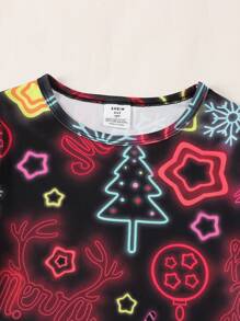 Merry Christmas Universe & Star Print Injection Letter Crew Neck Long Sleeve Top & Pants Boy Snug Fit Loungewear Set - Multicolor - View 5