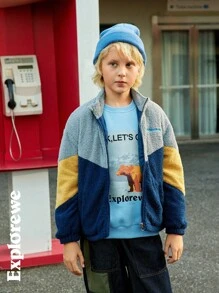 SHEIN Tween 男童时尚休闲拼色字母刺绣羊毛夹克，适合户外穿着 - 彩色 - 查看 7