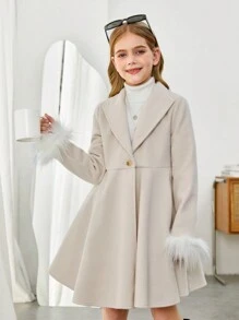 SHEIN Abrigo de manga larga con cuello vuelto, talle ceñido y aplique de borreguito para niñas preadolescentes, estilo casual y minimalista, cómodo, para Navidad