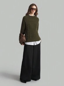 Ontre Women's 2025 Spring New Arrival Cozy Basic Solid Green Crew Neck Long Sleeve Casual Pullover Sweater