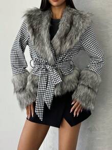 SHEIN Privé 1 pièce Veste femme en patchwork de pied-de-poule moelleuse, pour l'automne et l'hiver