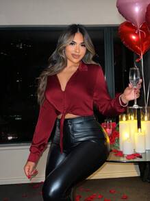 SHEIN SXY 女士纯色前结长袖短款衬衫、长袖上衣 - 酒紅色 - 查看 5