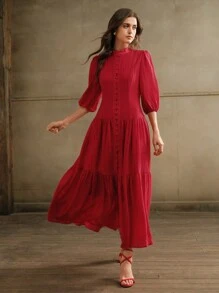 Anewsta 优雅复古白色宽松编织连衣裙女士酒红色长款女士服装 - 酒紅色 - 查看 4