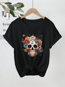 Camiseta de manga corta con estampado de calavera y flores para adolescentes en Halloween - Negro - Ver 1