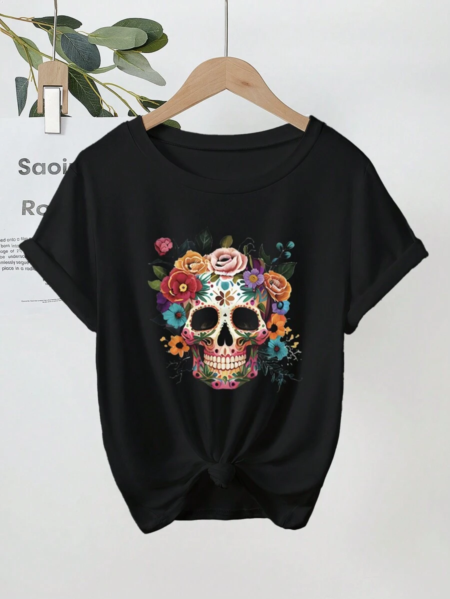 Camiseta de manga corta con estampado de calavera y flores para adolescentes en Halloween - Negro - Ver 1