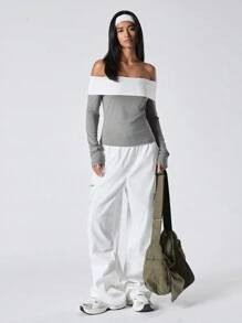 LYSMO T-shirt femme épaules dénudées de couleur contrastée - Gris - Voir 4