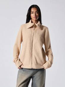 LYSMO Damen einfarbige Reißverschluss Vorne Lange Ärmel Regular Jacke Teddy Mantel, Lässig für den täglichen Gebrauch - Aprikosenfarben - Übersicht 3