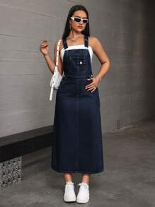 SHEIN EZwear Women Casual Denim Pinafore Dress With Slant Pockets - Medium Wash - View 5