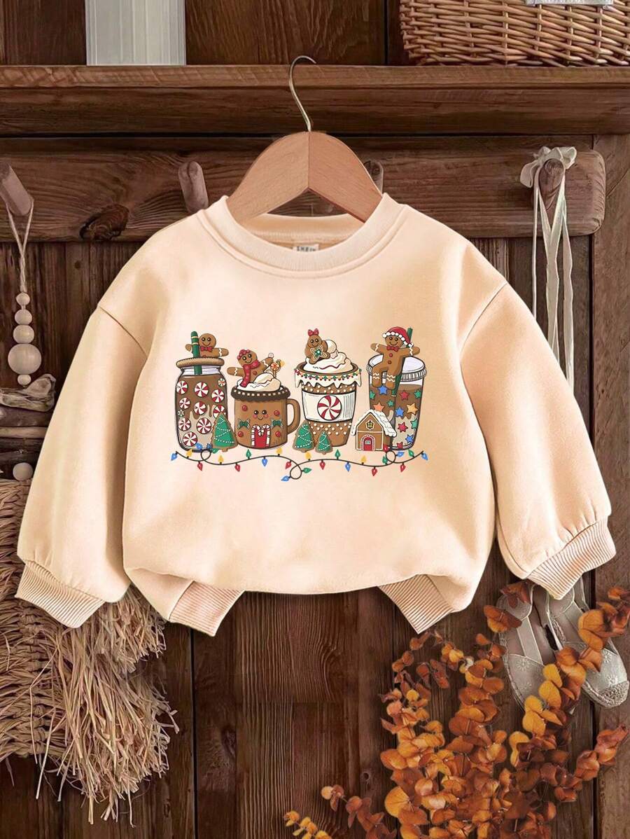 Áo nỉ cổ tròn in hình hoạt hình dễ thương cho bé gái trẻ, dành cho Giáng sinh - Màu Khaki - Xem 1