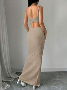 SHEIN Unity Bộ 2 áo len khoét lỗ màu trơn dây mảnh đơn giản, giản dị, đa năng cho nữ và chân váy chữ A - Màu Khaki - Xem 2