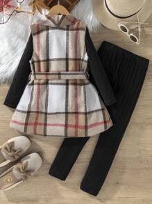SHEIN Vintaside Kids 3pcs/Set Young Girls Plaid Print Lapel Waist Belt Vest Jacket, Ribbed Long Sleeve T-Shirt, And Leggings Outfit - Multicolor - View 2
