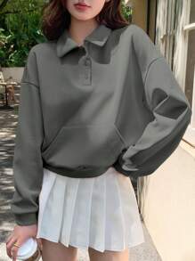 DAZY Women Casual Solid Drop Shoulder Loose Polo Neck Big Pocket Sweatshirt For Spring And Autumn,Fall Women Clothes - Grey - View 1