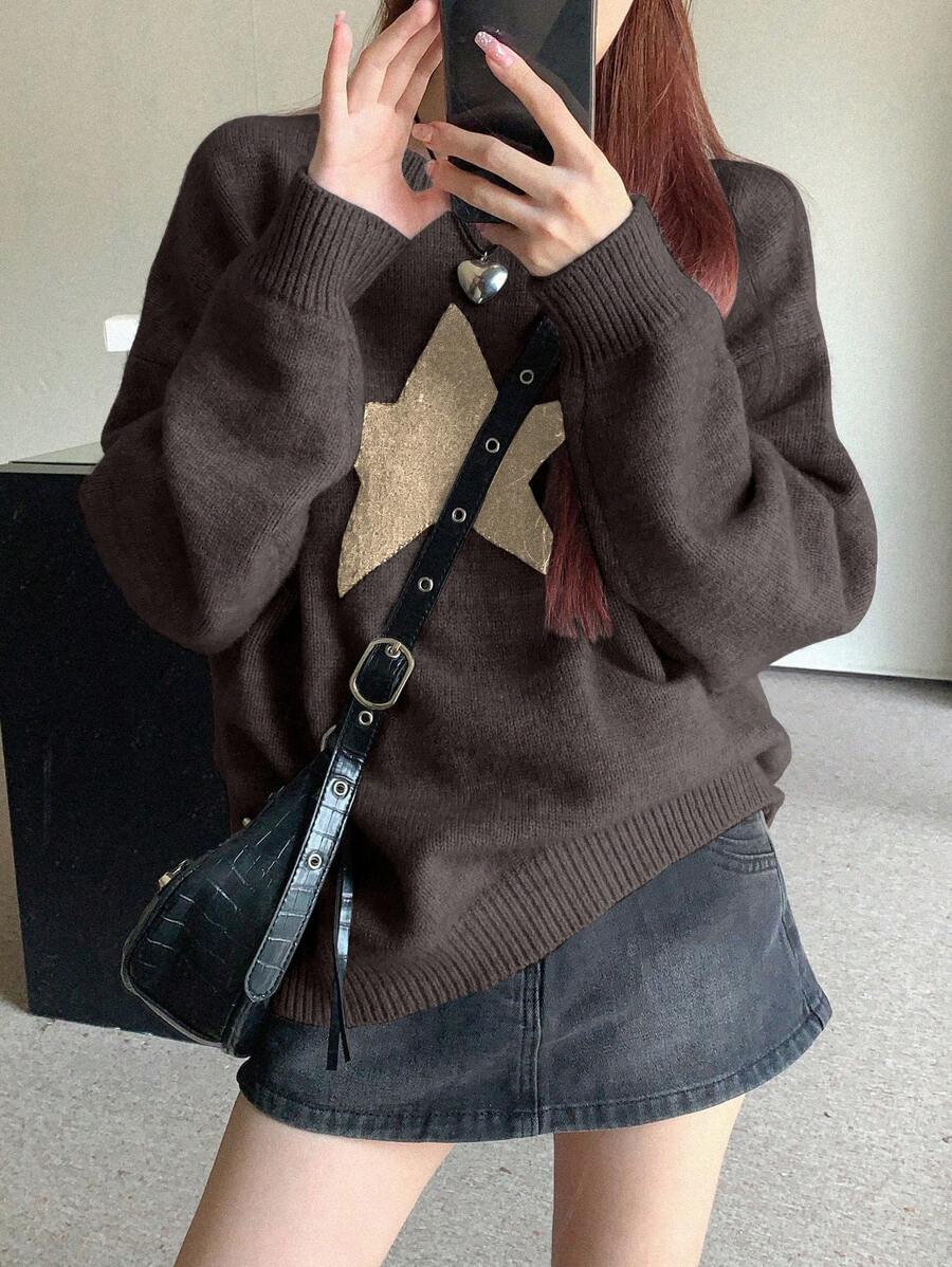 DAZY 1 件女式五角星印花圆领长袖套头衫，秋季服装 - 咖啡棕 - 查看 1