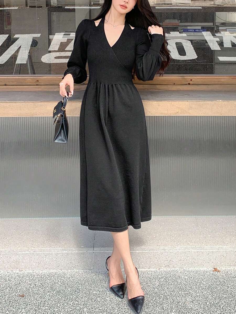 DAZY 1 件女式秋冬围脖领灯笼袖喇叭下摆毛衣连衣裙 - 黑色 - 查看 1