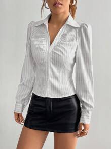 Flirla Women's Striped Black And White V-Neck Fitted Shirt
