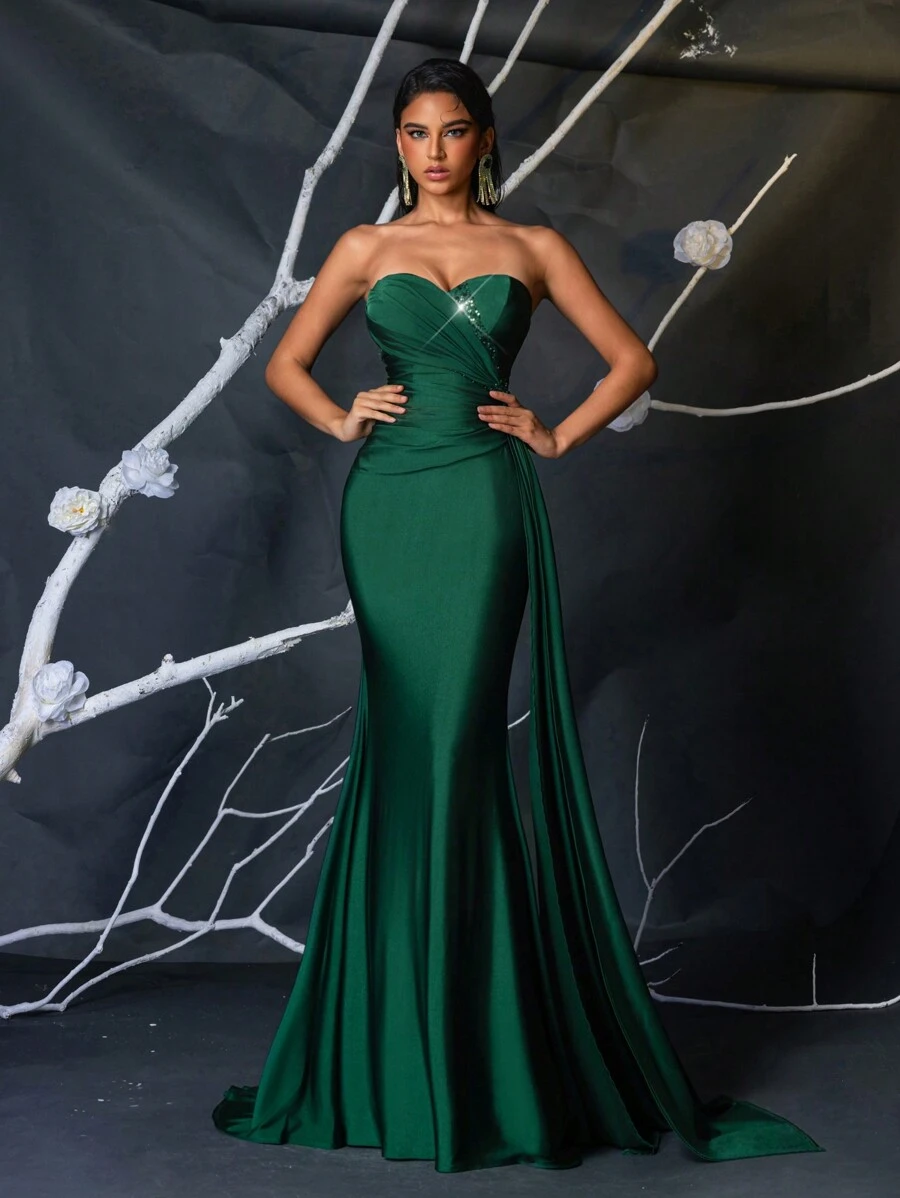 Glamrae 优雅亮片拼布褶皱前部不对称美人鱼舞会礼服，适合婚礼、活动、派对、正式晚礼服、婚礼宾客、毕业典礼、晚宴礼服