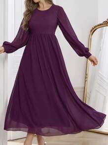 Modelyn Women Loose Chiffon Modest Long Sleeve Dress - Violet Purple - View 6