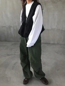 FRIFUL Women Solid Color V-Neck Zipper Sleeveless Tank Top, Autumn - Grey - View 2