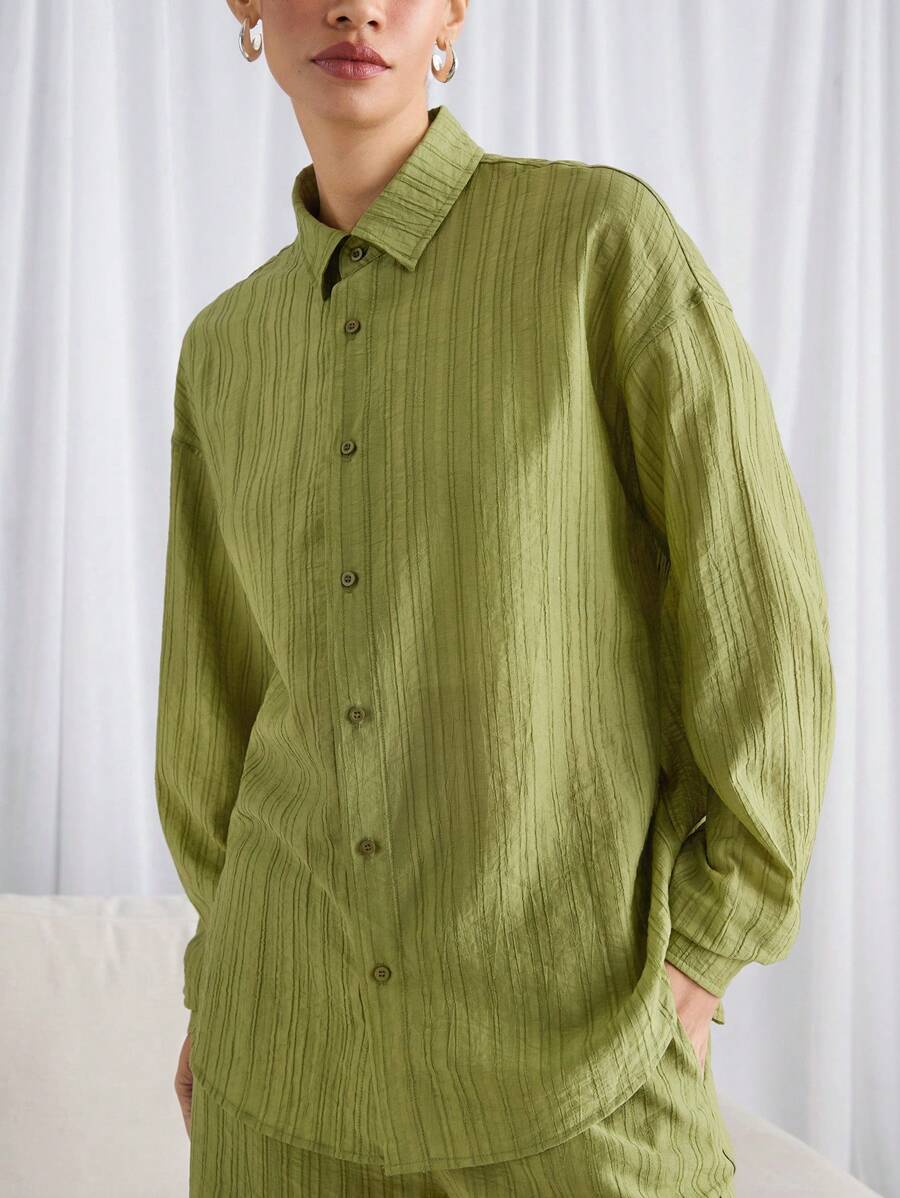 Manfinity VCAY 2 Pieces Set: Men's Loose Fit Drop Shoulder Collared Long Sleeve Casual Shirt Outfit, Suitable For Autumn - Army Green - View 1