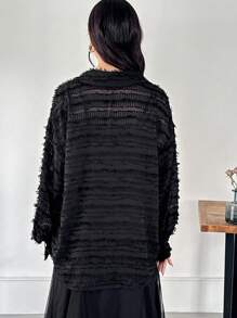 FRIFUL 女士休闲纹理系带前宽松衬衫，适合秋季日常穿着长袖上衣 - 黑色 - 查看 4