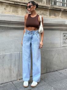 RueChic Casual Washed Paper Bag Waist Straight Leg Jeans