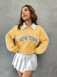 SHEIN Unity Áo nỉ trùm đầu tay dài in chữ All Match cài nút thường ngày - Màu vàng - Xem 4