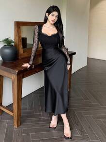 DAZY Vestido midi feminino com decote quadrado e renda contrastante, manga comprida, plissado, aniversário, vestido de baile de véspera de ano novo elegante, roupas de outono - Preto - Ver 9