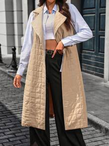 SHEIN Clasi Áo khoác độn không tay dài giản dị cho nữ mùa đông - Màu Khaki - Xem 3