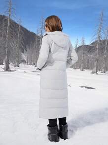 SHEIN EZwear Chaqueta casual de mujer con capucha de unicolor, rellena de plumas y fibra de plumón para invierno, con correas interiores de transporte