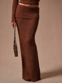 MUSERA Foldover Waist Knit Maxi Skirt Elegant Vacation Cute Sexy 90's Fall Winter - Coffee Brown - View 2