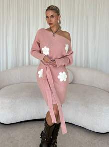 Chiquease Vestido de manga larga con hombros descubiertos y estampado floral, adecuado para otoño e invierno - Rosa - Ver 4
