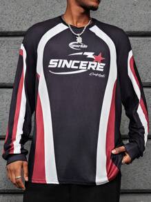 Manfinity Dauomo Men's Round Neck Long Sleeve Solid Color Patchwork Letter Print Casual T-Shirt