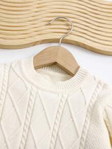 SHEIN 女婴 2 件套针织毛衣和宽松松紧腰裤套装，奶油白色，秋冬 - 米色 - 查看 5