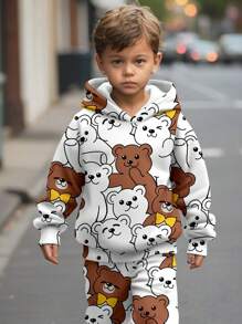 SHEIN Leap Crew 2 Pcs Young Boys Casual Cartoon Bear Graphic Loose Fit Hooded Sweatshirt And Jogger Pants Set, Suitable For Autumn/Winter - Multicolor - View 2