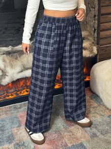 SHEIN EZwear Calça casual larga com bolso, estampa xadrez e cintura elástica, em tamanhos grandes para mulheres - Azul - Visão 3