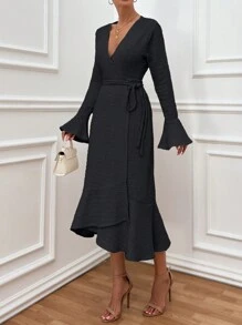 SHEIN Cottnline Elegant Style, Texture Fabric, Belted, Frill Detailed Dress - Black - View 5