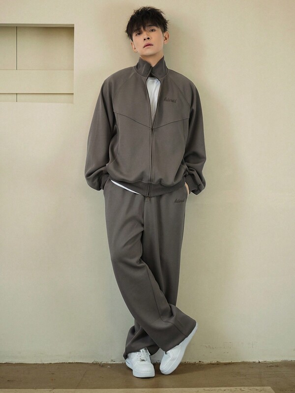 DAZY Men's Casual Loose Plain Zipper Collar Long Sleeve Jacket And Pants Set, Autumn